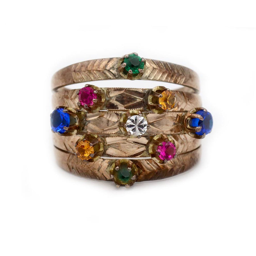 1940s rose gold stacking band with colorful gemstones