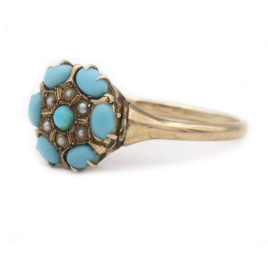 Victorian Turquoise & Seed Pearl Antique Wedding Band in 10K Rose Gold