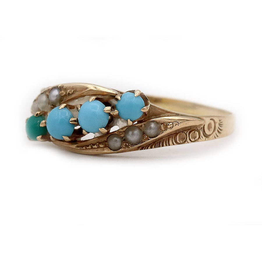 Victorian Turquoise & Pearl Three-Row Wedding Ring in 10K Rose Gold