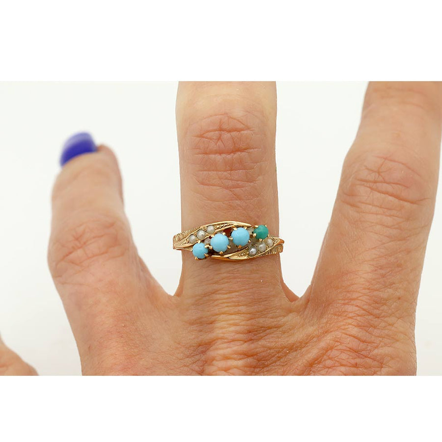 Victorian Turquoise & Pearl Three-Row Wedding Ring in 10K Rose Gold