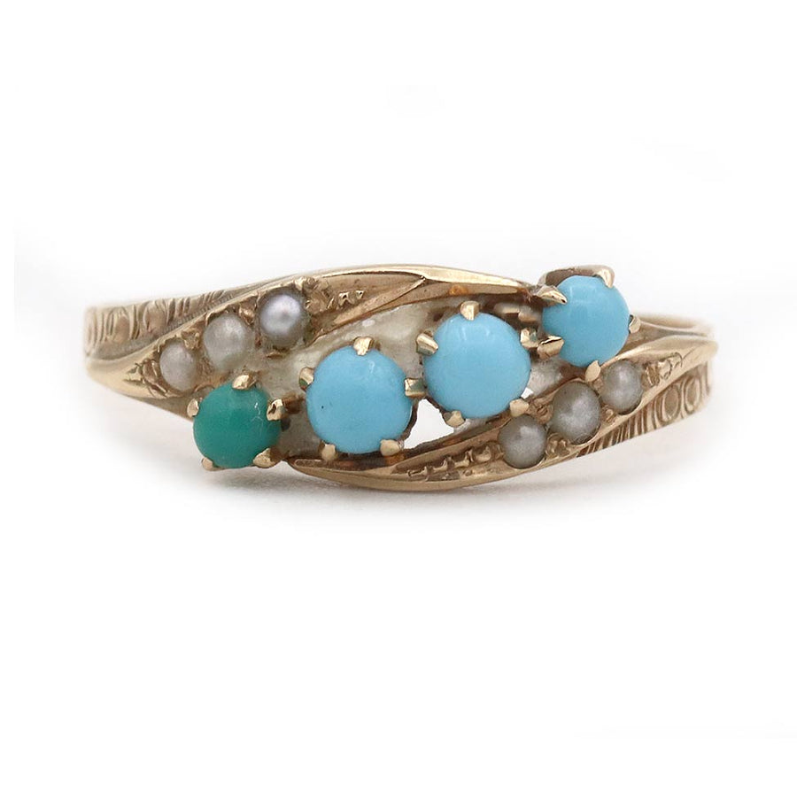 Victorian Turquoise & Pearl Three-Row Wedding Ring in 10K Rose Gold