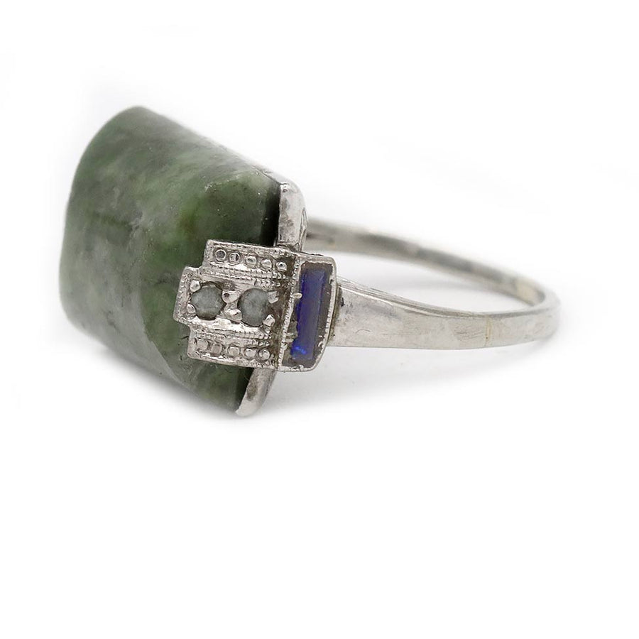 Art Deco Jade, Rose Cut Diamond Sapphire Antique Engagement Ring Circa 1930s