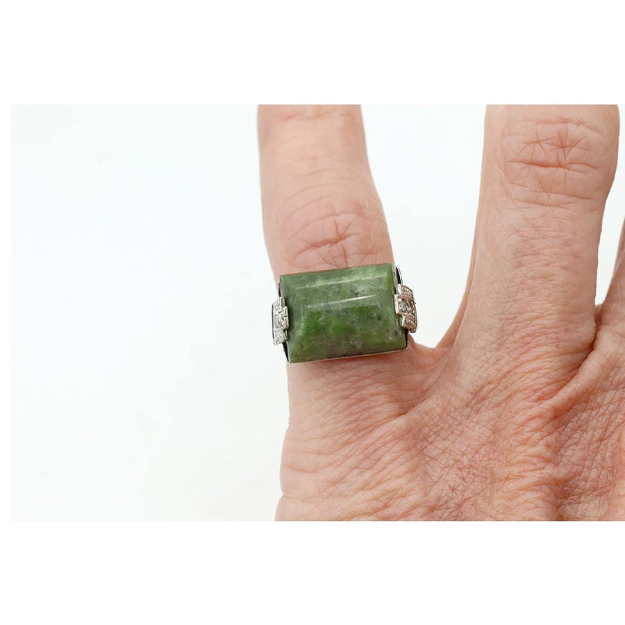 Art Deco Jade, Rose Cut Diamond Sapphire Antique Engagement Ring Circa 1930s