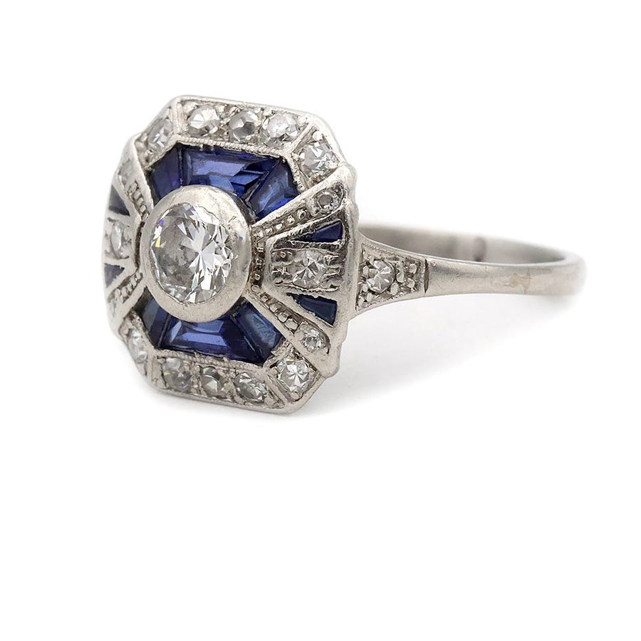 Art Deco .40 Ct Old European Cut Diamond & Sapphire Halo Antique Engagement Ring