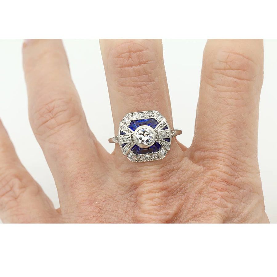 Art Deco .40 Ct Old European Cut Diamond & Sapphire Halo Antique Engagement Ring