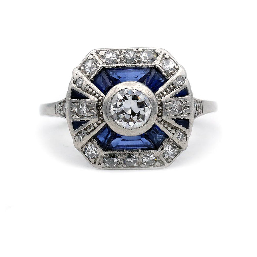 Art Deco .40 Ct Old European Cut Diamond & Sapphire Halo Antique Engagement Ring