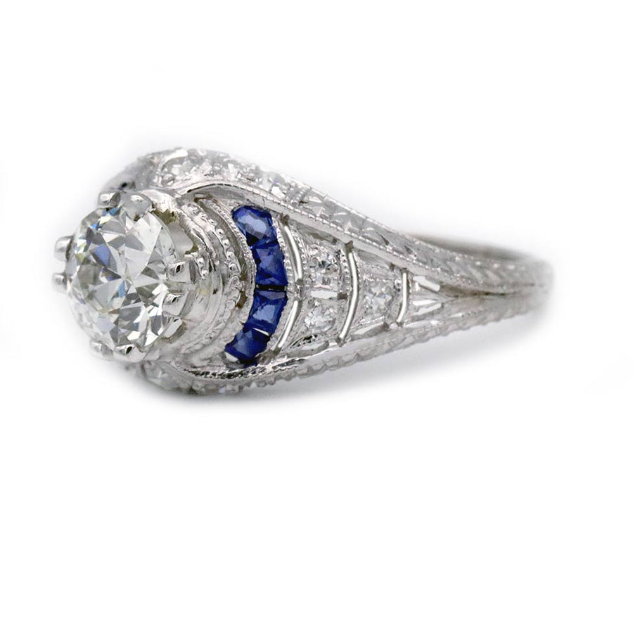 Art Deco .88 Ct Old European Cut Diamond & Sapphire Engagement Ring | GIA J/SI2