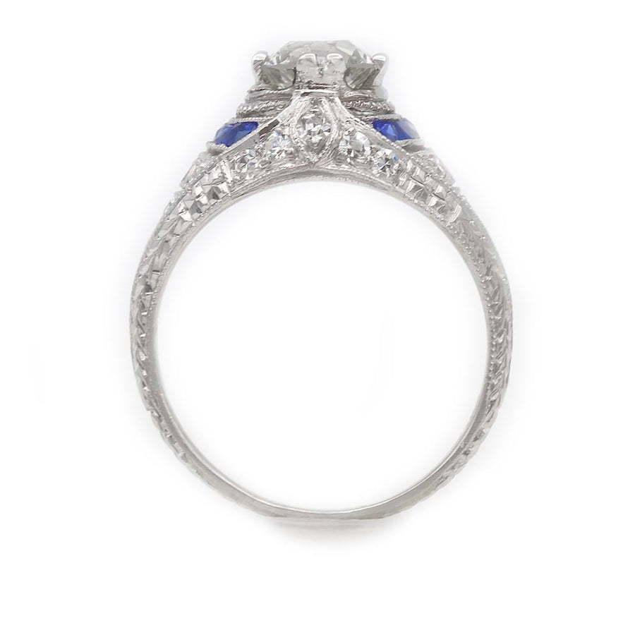 Art Deco .88 Ct Old European Cut Diamond & Sapphire Engagement Ring | GIA J/SI2