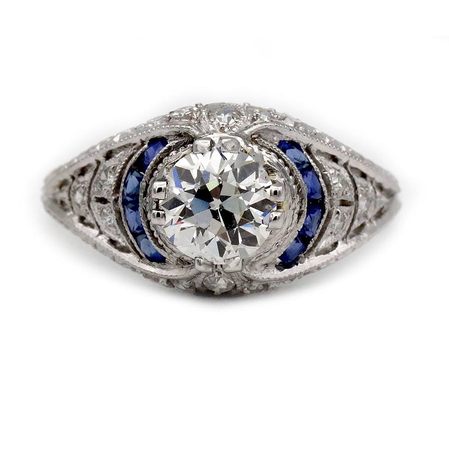 Art Deco .88 Ct Old European Cut Diamond & Sapphire Engagement Ring | GIA J/SI2