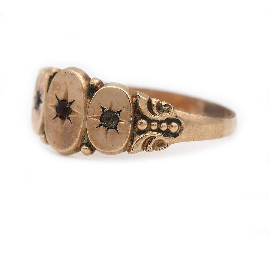 Victorian Garnet Starburst Three-Stone Wedding Ring in 10K Rose Gold