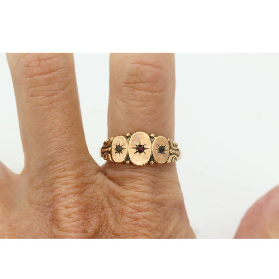 Victorian Garnet Starburst Three-Stone Wedding Ring in 10K Rose Gold