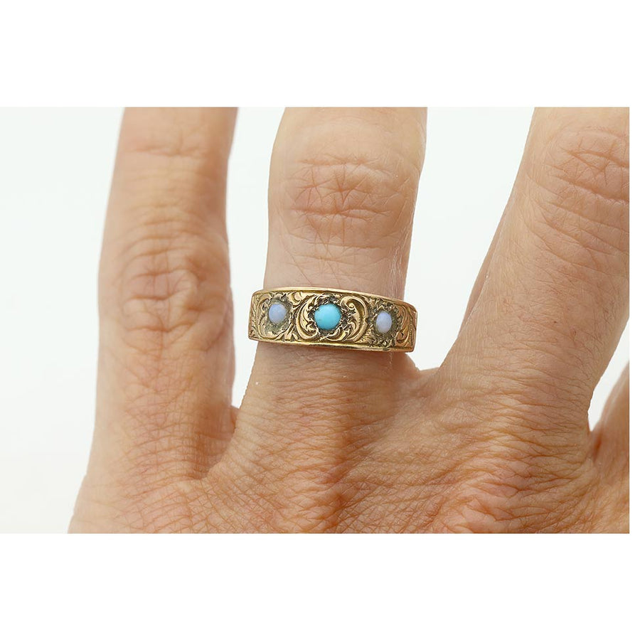 Victorian Turquoise & Moonstone Three-Stone Wedding Ring in 10K Rose Gold