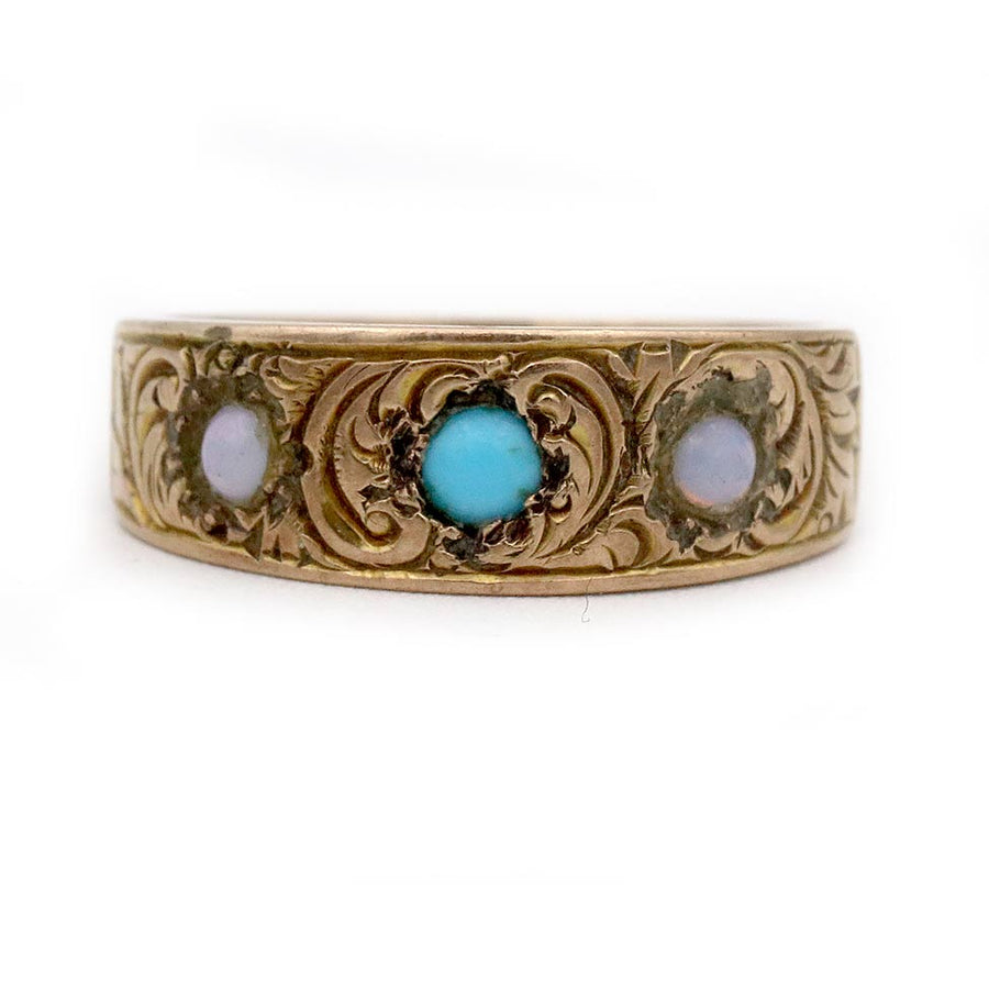 Victorian Turquoise & Moonstone Three-Stone Wedding Ring in 10K Rose Gold