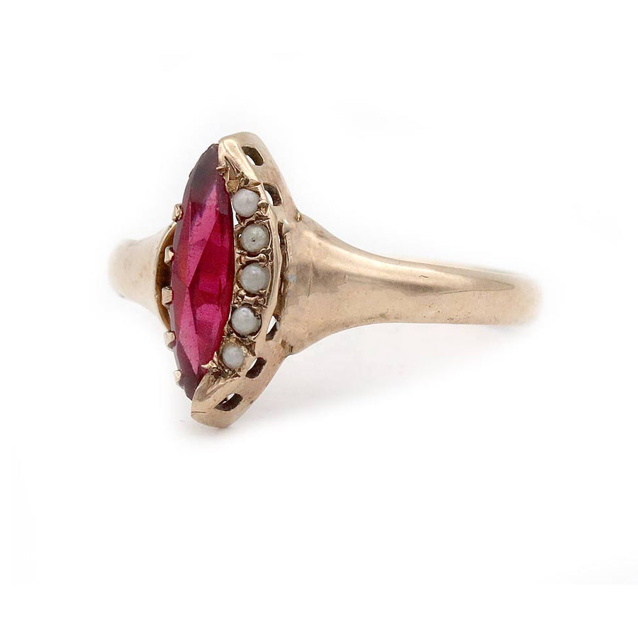 Victorian Navette Garnet & Seed Pearl Engagement Ring in 10K Rose Gold