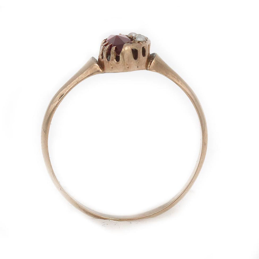 Victorian Navette Garnet & Seed Pearl Engagement Ring in 10K Rose Gold
