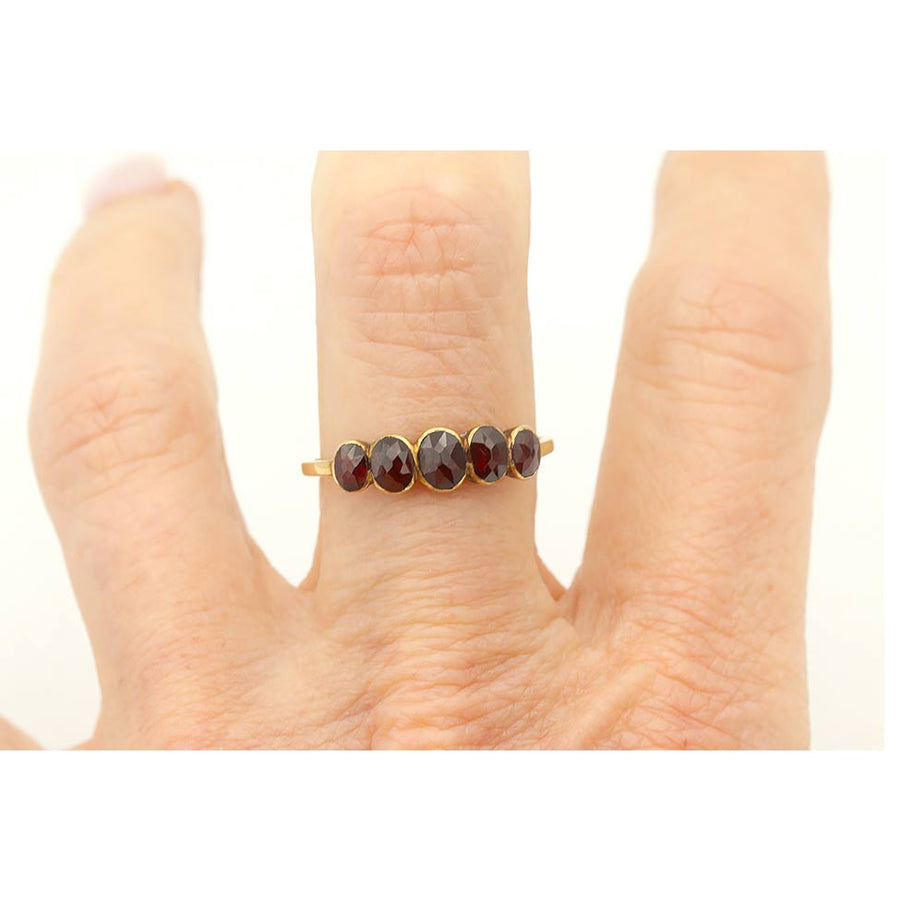 Victorian Five Stone Cushion Cut Garnet Antique Wedding Ring