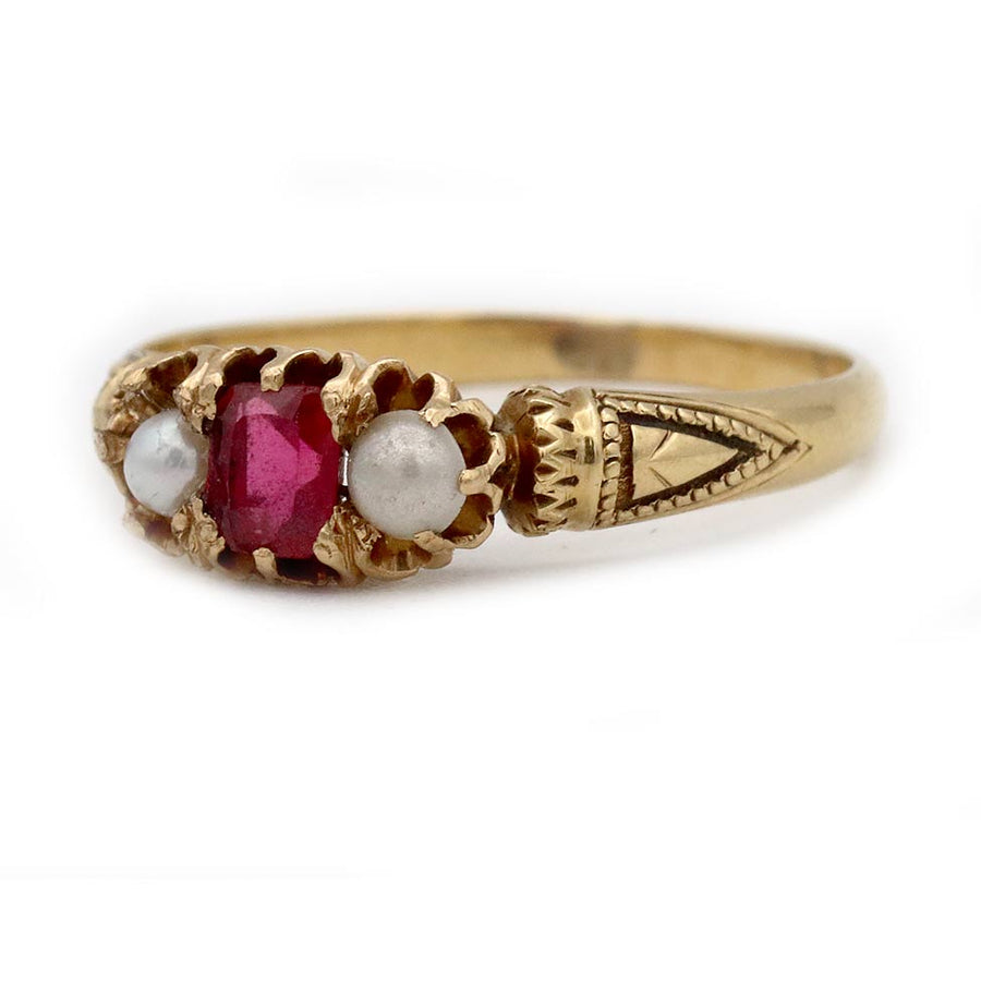 Victorian Square Cut Pink Garnet Doublet & Pearl Three Stone Engagement Ring