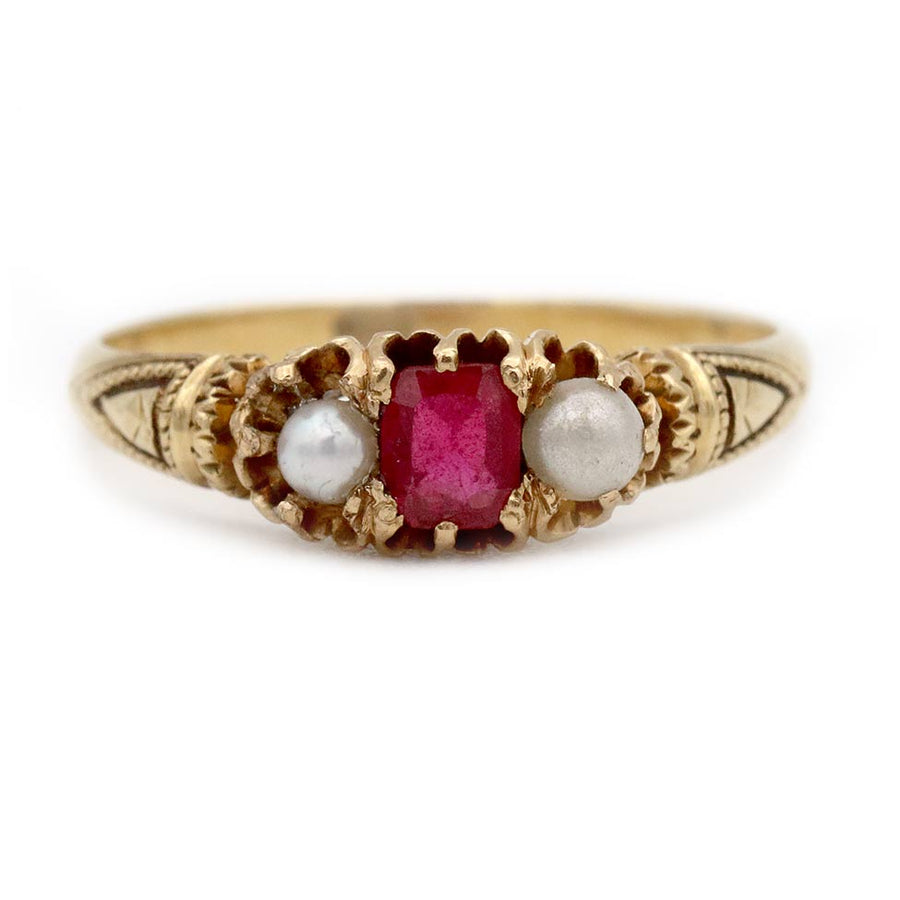 Victorian Square Cut Pink Garnet Doublet & Pearl Three Stone Engagement Ring