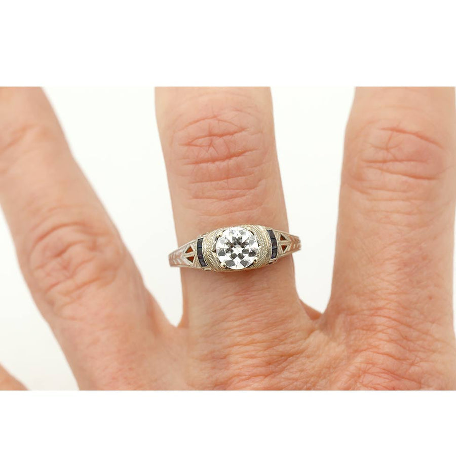 Estate .73 Ct Old European Cut Diamond & Sapphire Engagement Ring on hand