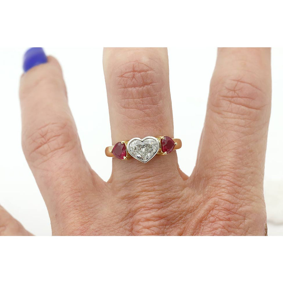 Vintage Style 1.70 CTW Heart Diamond Burma Ruby Three Stone Engagement Ring | GIA I/SI1