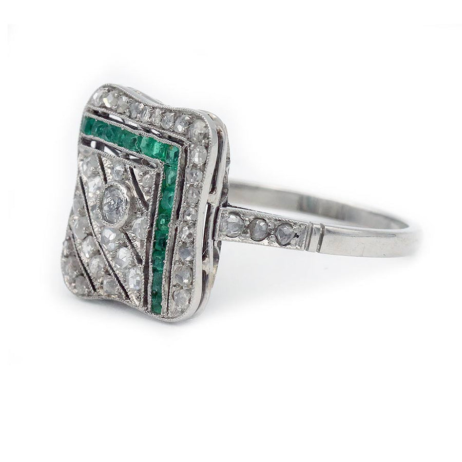 Art Deco Emerald & Rose Cut Diamond Geometric Square Ring in Platinum