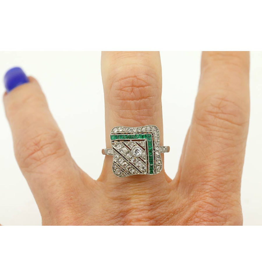Art Deco Emerald & Rose Cut Diamond Geometric Square Ring in Platinum