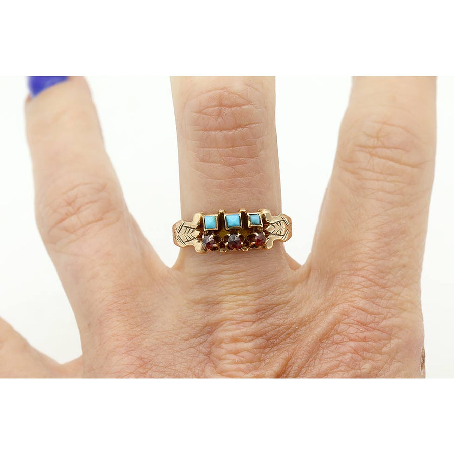 Victorian Turquoise & Garnet Two-Row Wedding Ring in 10K Rose Gold