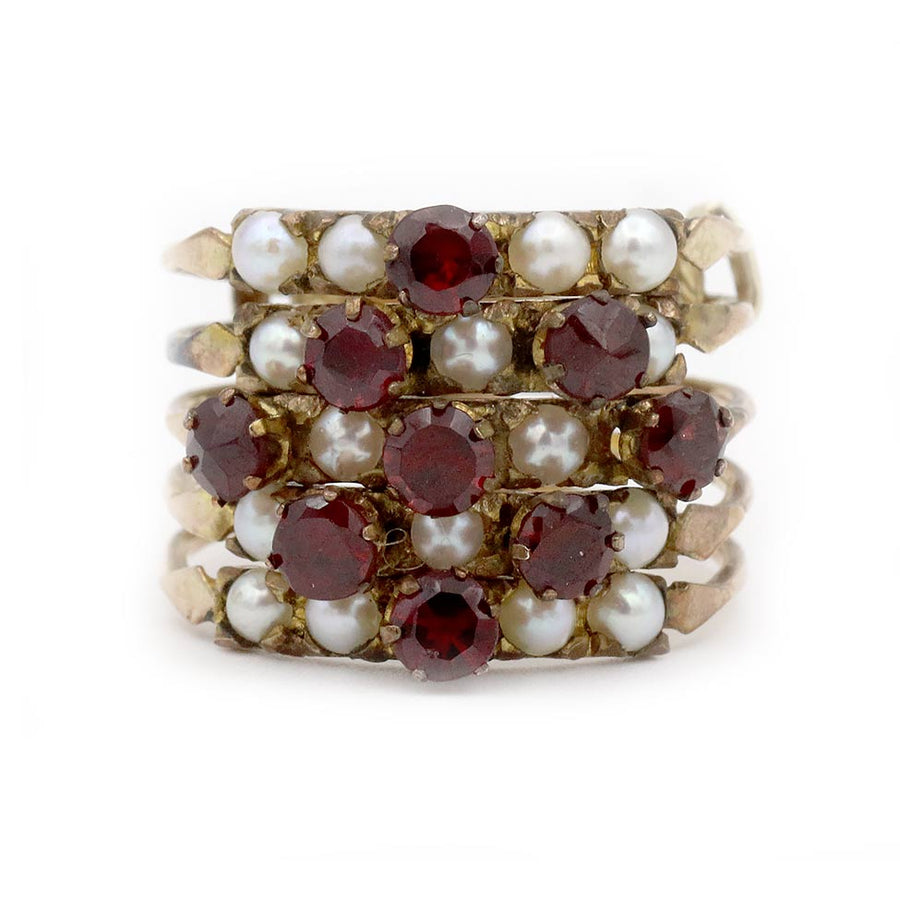 Victorian Harem Ring Garnet & Pearl Stacking Band in 10K Rose Gold