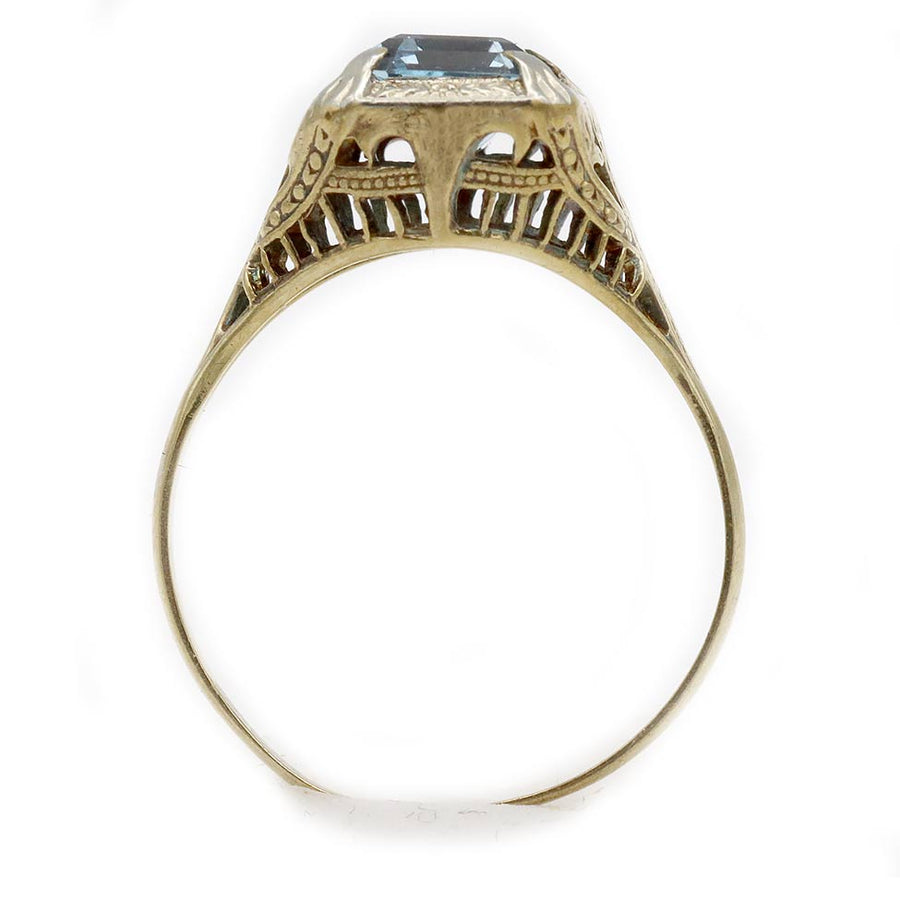 Art Deco 1.95 Ct Emerald Cut Aquamarine Solitaire Engagement Ring in 14K Two Tone Gold | Circa 1930s