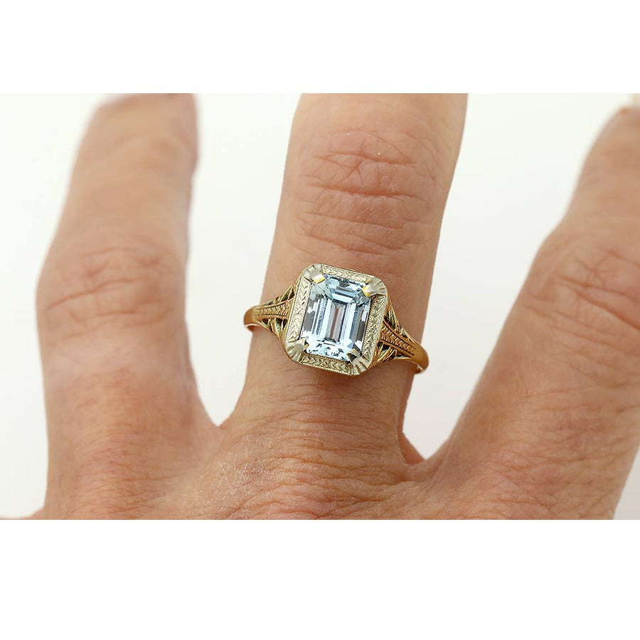 Art Deco 1.95 Ct Emerald Cut Aquamarine Solitaire Engagement Ring in 14K Two Tone Gold | Circa 1930s