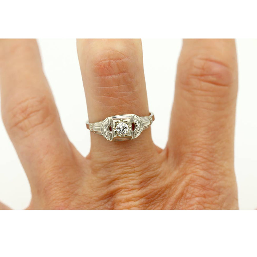 Art Deco .15 Ct Old European Cut Diamond Vintage Engagement Ring in 14K White Gold