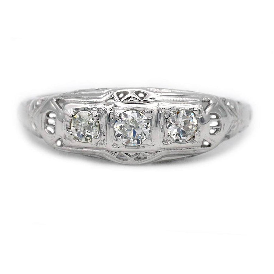 Art Deco .35 CTW Three-Stone Diamond Stackable Ring | 14K White Gold