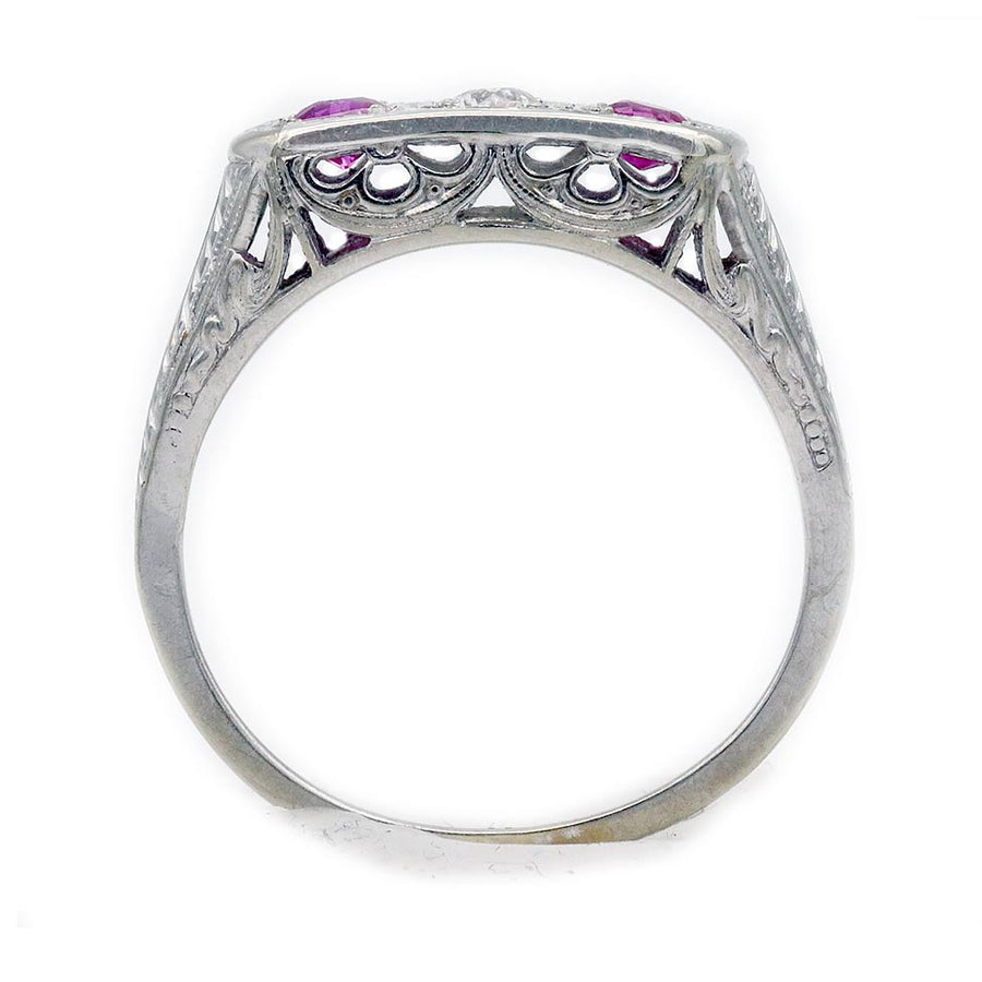 Art Deco .25 CTW Diamond & Synthetic Ruby Three-Stone Ring | 14k White Gold Filigree