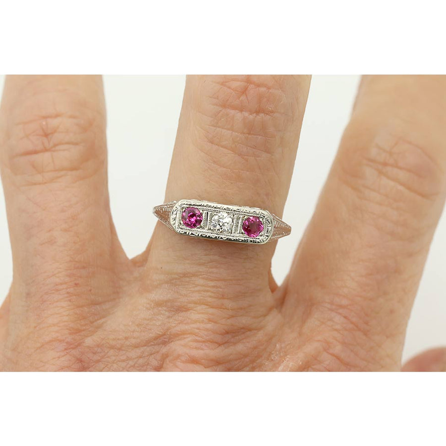 Art Deco .25 CTW Diamond & Synthetic Ruby Three-Stone Ring | 14k White Gold Filigree