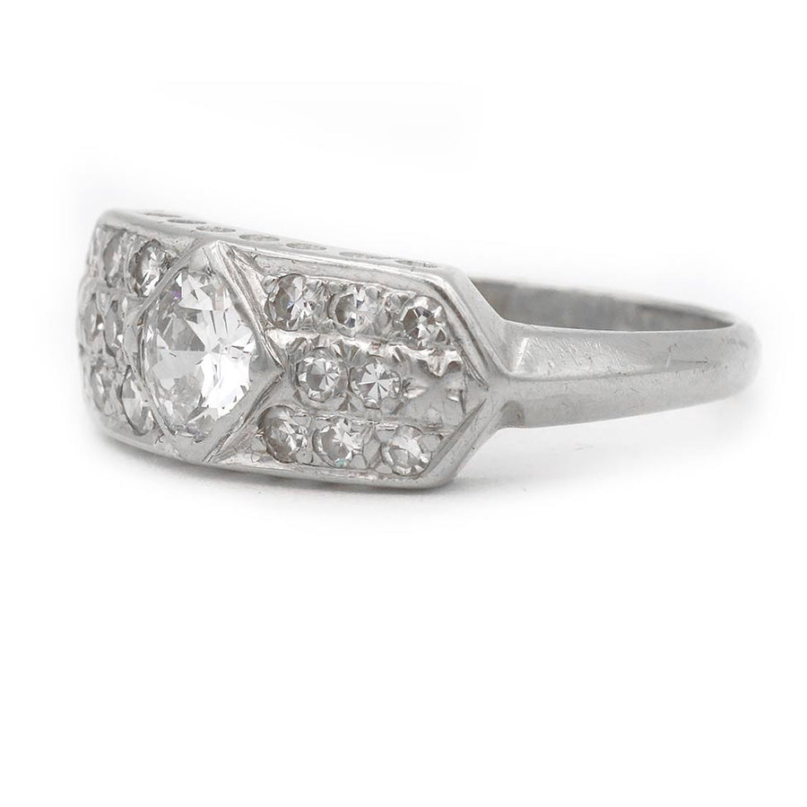 Art Deco .80 CTW Old European Cut Diamond Geometric Engagement Ring in 14K White Gold