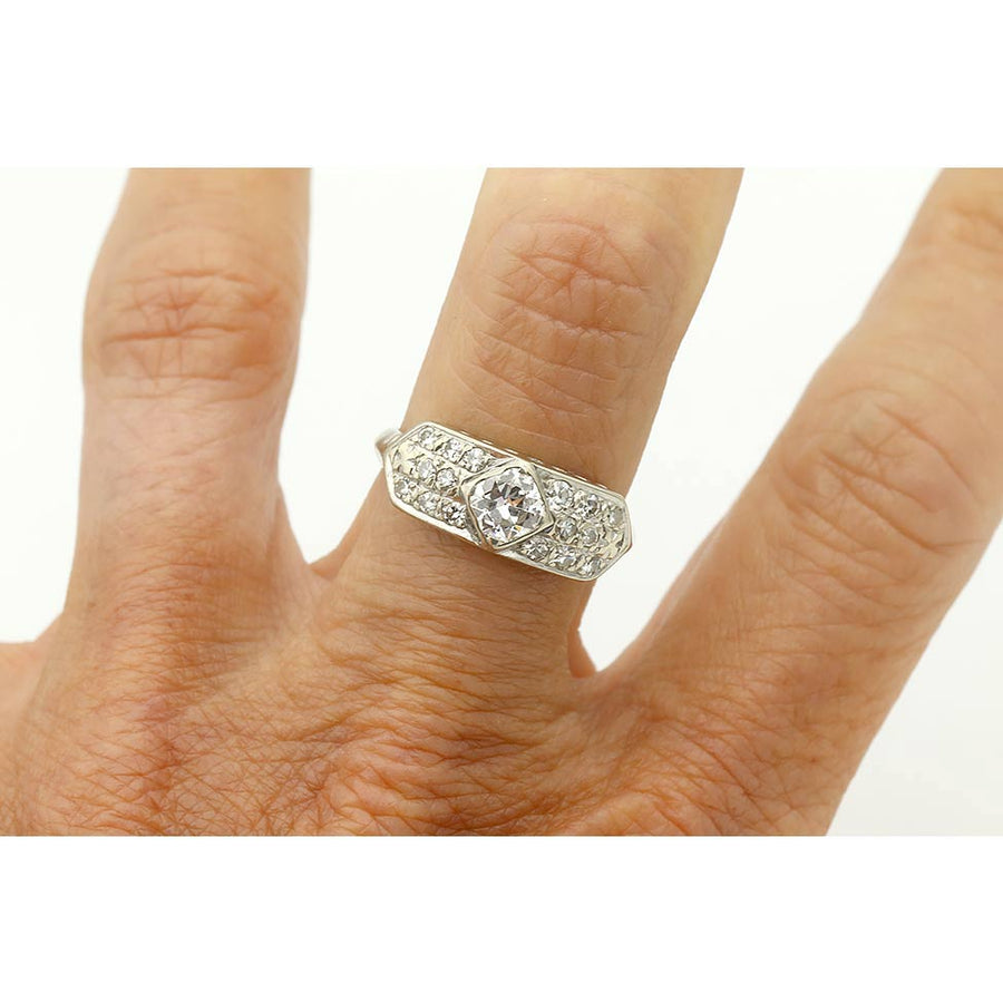 Art Deco .80 CTW Old European Cut Diamond Geometric Engagement Ring in 14K White Gold