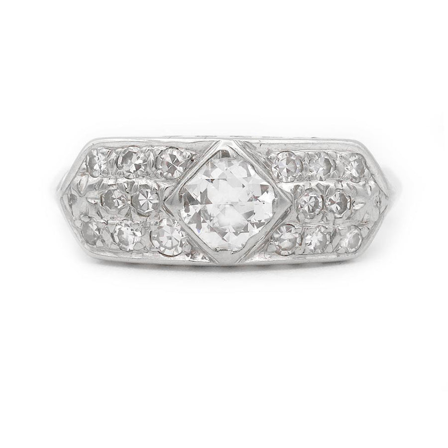 Art Deco .80 CTW Old European Cut Diamond Geometric Engagement Ring in 14K White Gold
