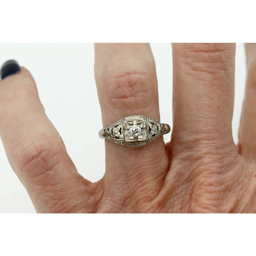 Art Deco .15 CT Old European Cut Diamond Engagement Ring | 14K White Gold H/VS2