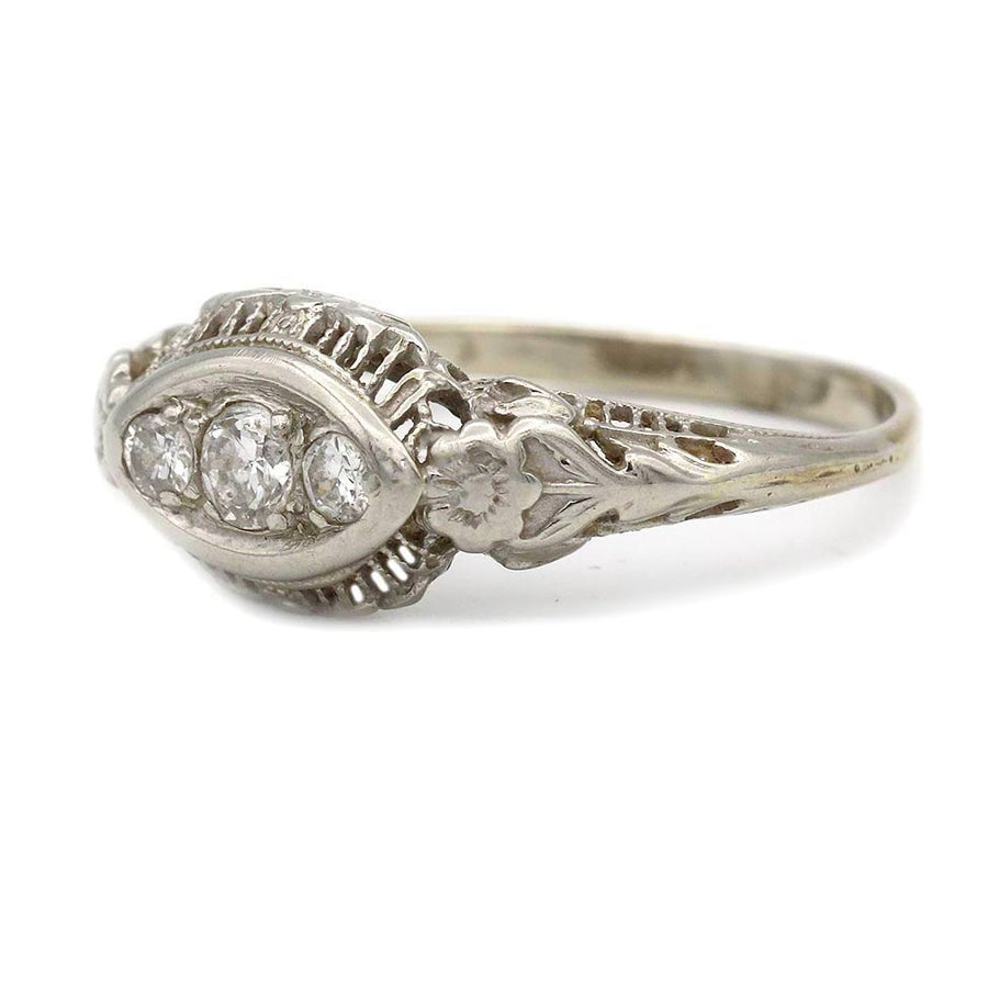Art Deco Three-Stone Old European Cut Diamond Engagement Ring in 14 Karat White Gold — .35 Ct