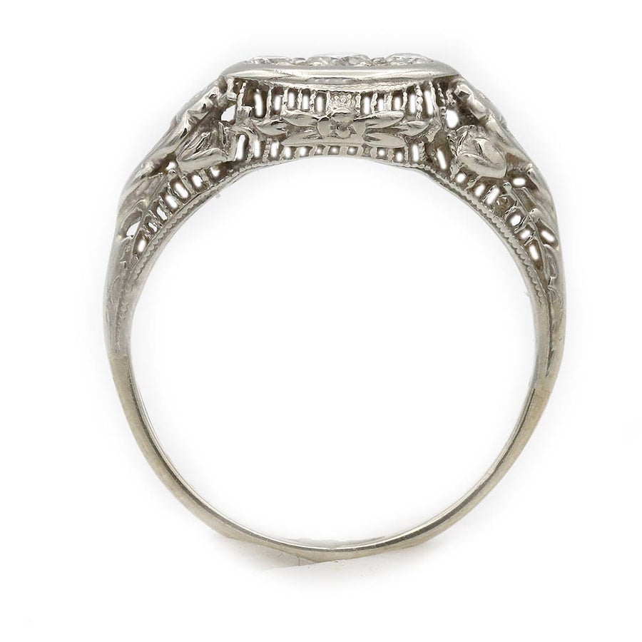 Art Deco Three-Stone Old European Cut Diamond Engagement Ring in 14 Karat White Gold — .35 Ct