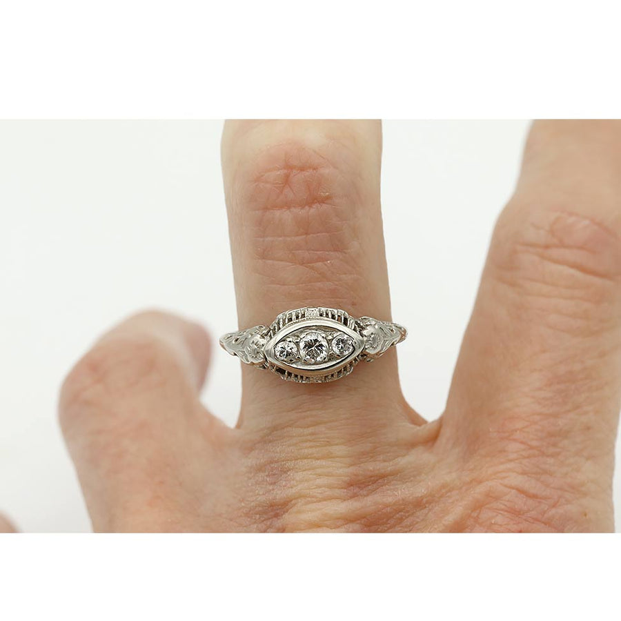 Art Deco Three-Stone Old European Cut Diamond Engagement Ring in 14 Karat White Gold — .35 Ct