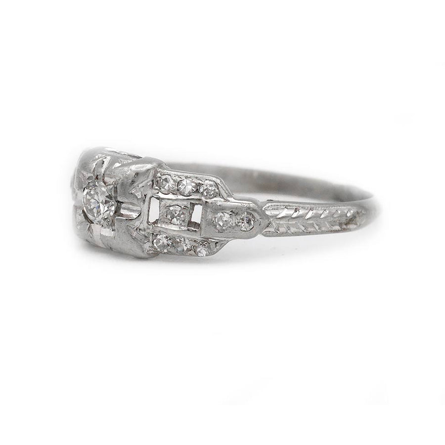 Art Deco .30 CTW Old European Cut Diamond Engagement Ring with Tiered Side Diamonds