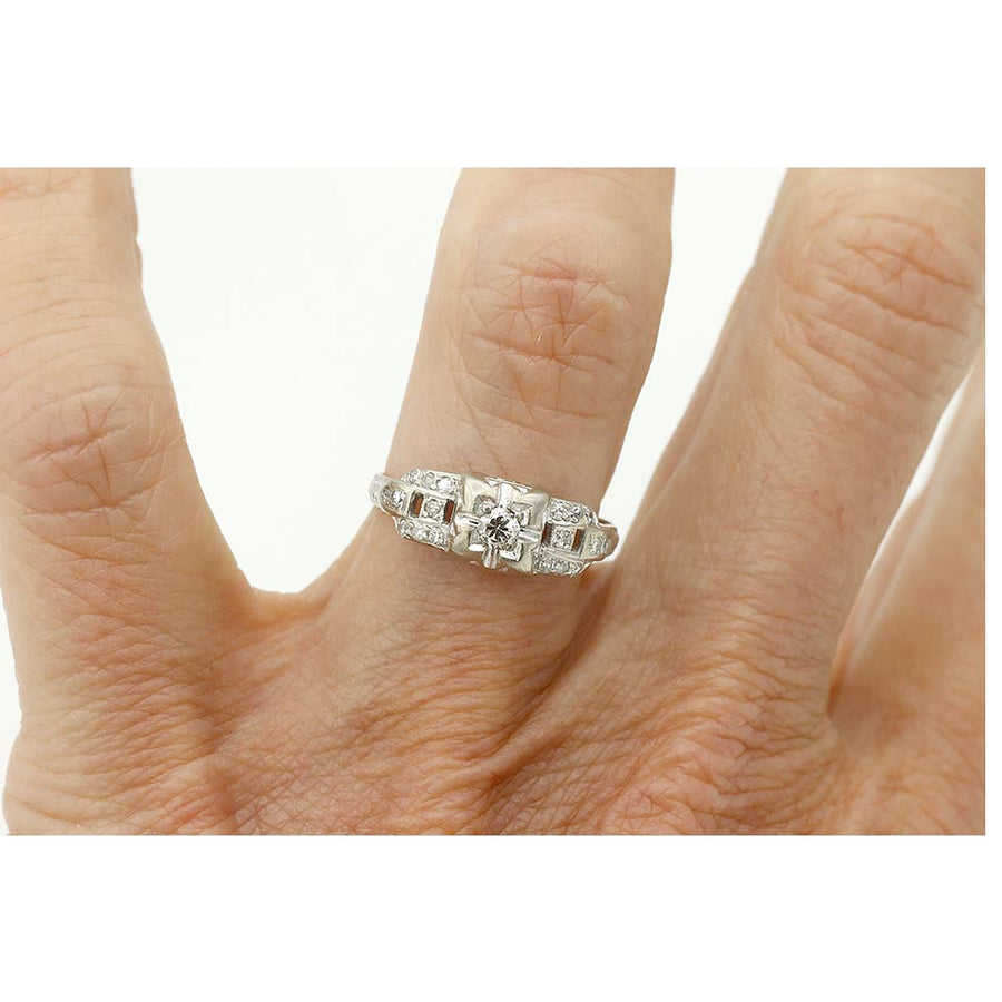 Art Deco .30 CTW Old European Cut Diamond Engagement Ring with Tiered Side Diamonds