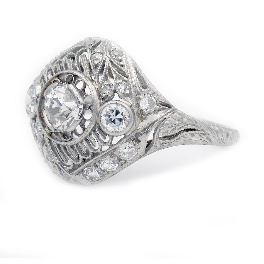 Art Deco 1.10 CTW Old Mine Cut Diamond Platinum Antique Engagement Ring
