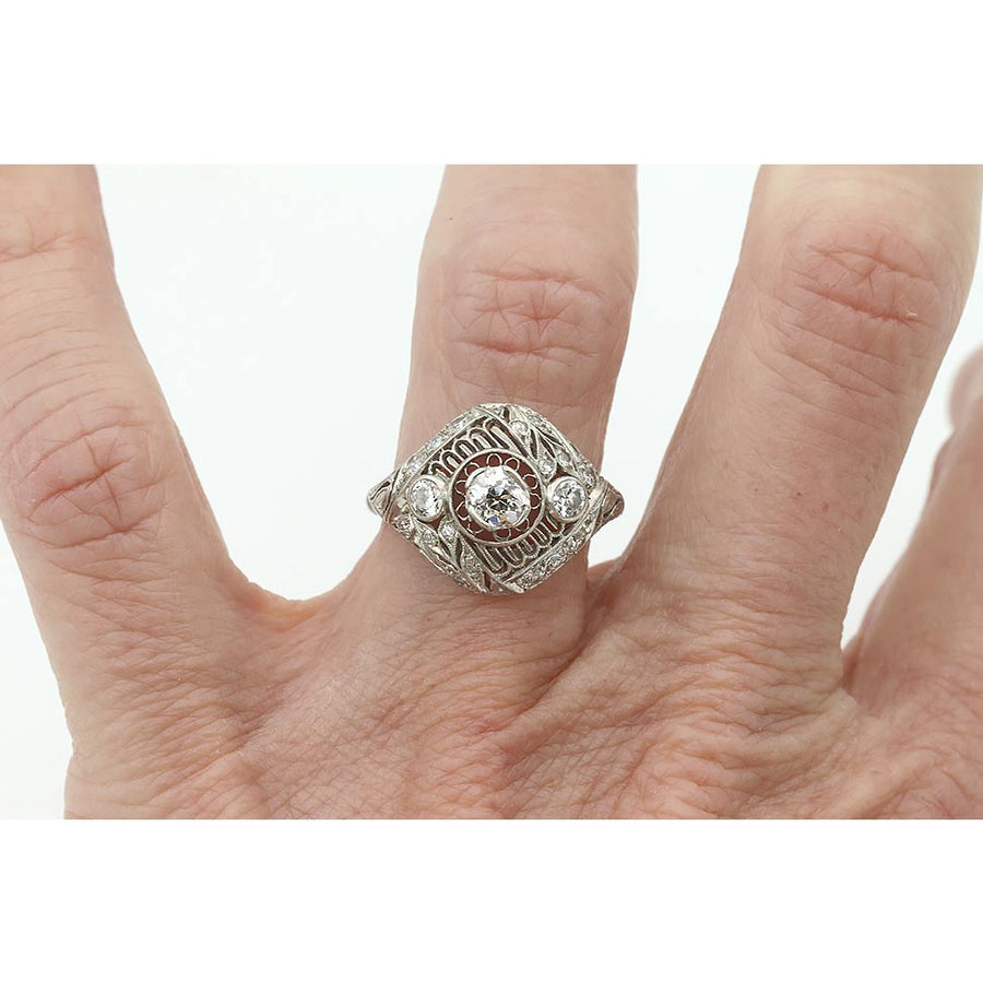 Art Deco 1.10 CTW Old Mine Cut Diamond Platinum Antique Engagement Ring