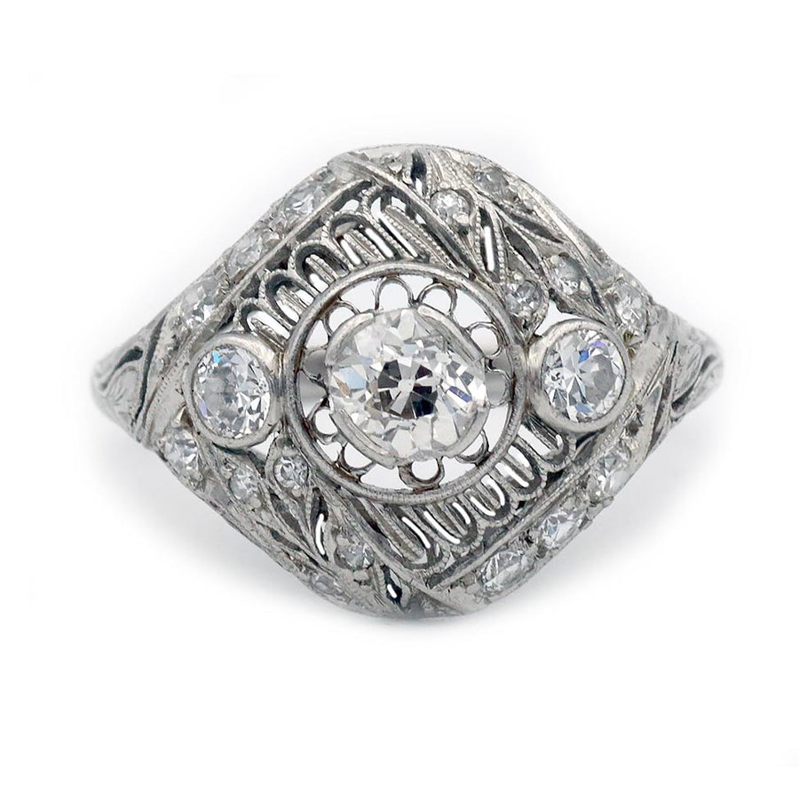 Art Deco 1.10 CTW Old Mine Cut Diamond Platinum Antique Engagement Ring