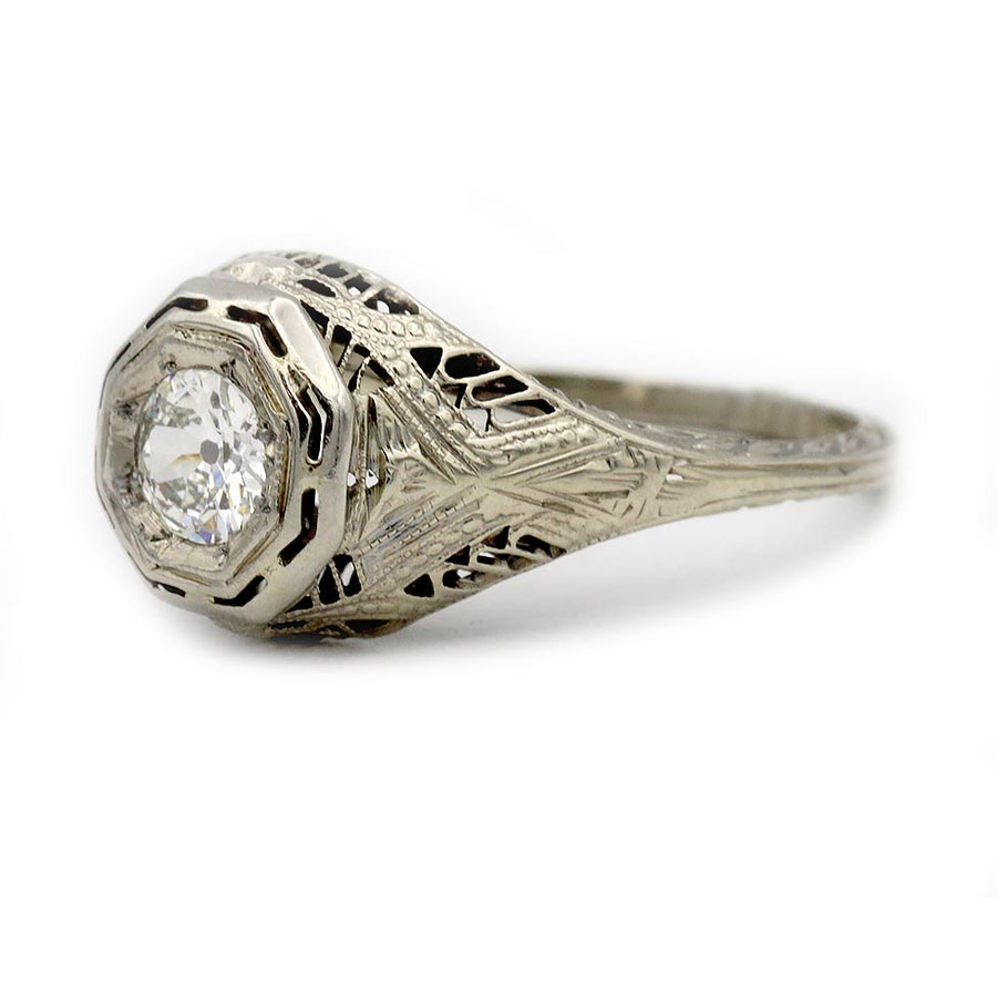 Hand-Carved Edwardian Filigree and Open-Work Gallery Detail on 1920s Antique Octagonal Diamond Engagement Ring