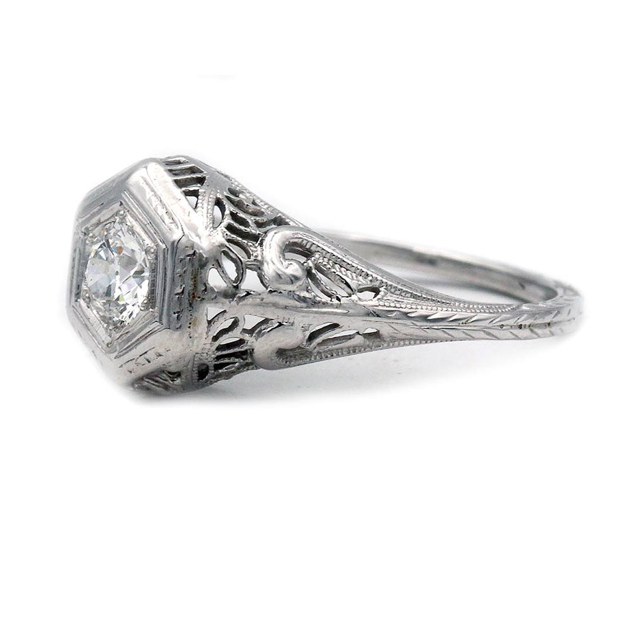 Art Deco .35 Ct Old European Cut Diamond Hexagonal Filigree Engagement Ring in 18K White Gold