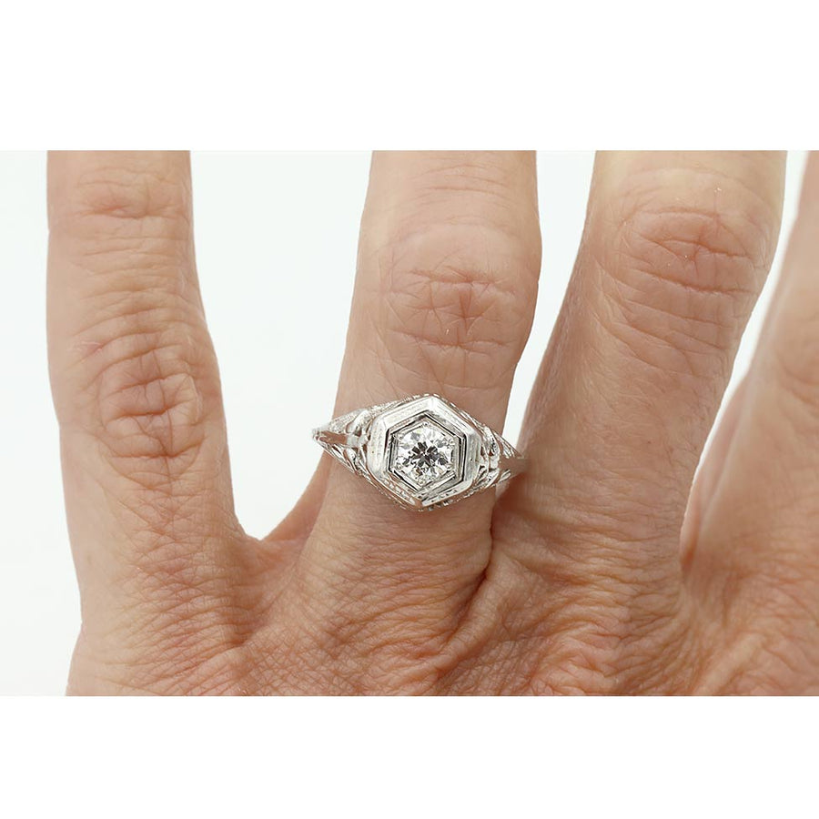 Art Deco .35 Ct Old European Cut Diamond Hexagonal Filigree Engagement Ring in 18K White Gold