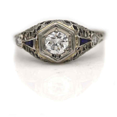 Art Deco Old European Cut Diamond & Sapphire Engagement Ring